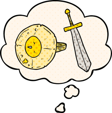 Bir insan tarafından çizilmiş, düşünce baloncuklu çizgi roman kalkanı ve kılıcı.