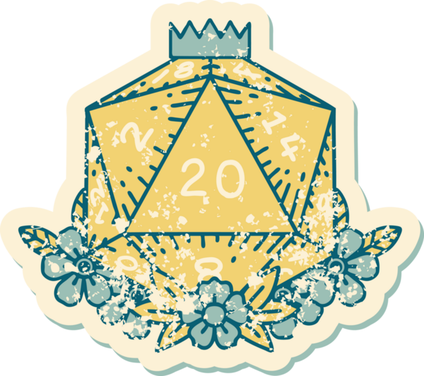 Retro Dövme Biçimi Doğal 20 D20 zar bir insan tarafından çizilmiş çiçek elementleriyle