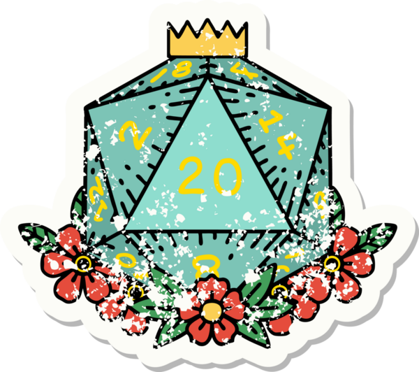 Bir insan tarafından çizilmiş çiçek elementleriyle 20 D20 zarının grunge sticker 'ı.