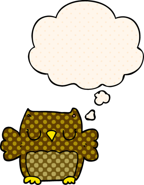 Bir insan tarafından çizilmiş çizgi roman tarzında düşünce baloncuğu olan sevimli bir baykuş.