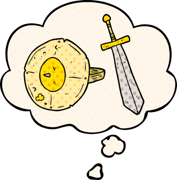 Bir insan tarafından çizilmiş, düşünce baloncuklu çizgi roman kalkanı ve kılıcı.