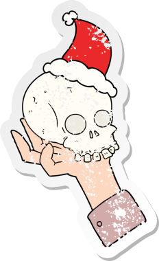 Bir insan tarafından çizilmiş Noel Baba şapkası giymiş eli tutan bir karikatür.