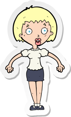 Karikatür çıkartması. Kafası karışmış bir kadın. Bir insan tarafından çizilmiş omuz silkiyor.