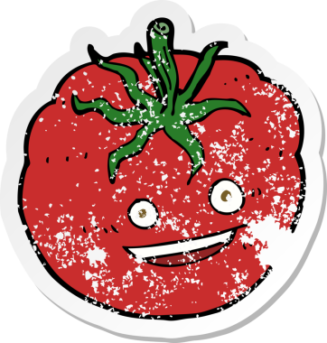 Bir insan tarafından çizilmiş mutlu domates çizgi filminin kederli retro yapıştırması.