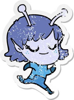 Bir insan tarafından çizilen gülümseyen uzaylı kız çizgi filminin sıkıntılı çıkartması.