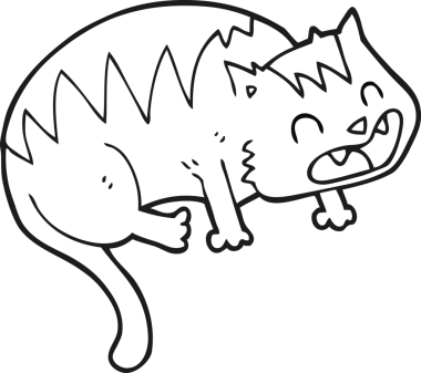 Bir insan tarafından çizilmiş siyah beyaz çizgi film kedisi.