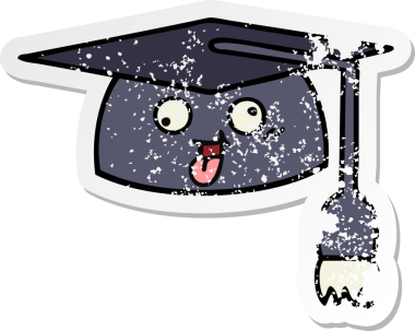 Bir insan tarafından çizilmiş şirin bir çizgi film mezuniyet şapkasının sıkıntılı çıkartması.