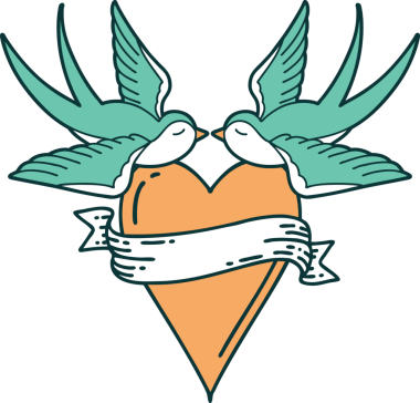 Kırlangıçların ikonik dövme şekli ve bir insan tarafından çizilmiş bir kalp.