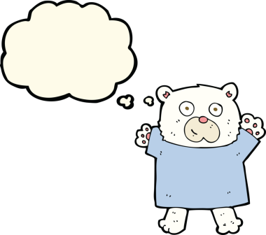 Bir insan tarafından çizilmiş düşünce baloncuklu şirin kutup ayısı.