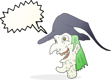 Bir insan tarafından çizilmiş serbest konuşma balonu karikatürü gülen cadı.