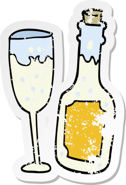 Karikatür etiketi şampanya şişesi ve bir insan tarafından çizilmiş cam.