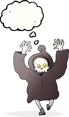 Bir insan tarafından çizilmiş serbest çizilmiş düşünce balonu karikatürü dans eden ölüm iskeleti