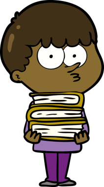 Bir insan tarafından çizilmiş bir sürü kitabı olan meraklı bir çocuk.