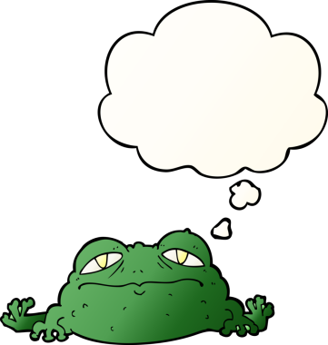 Çizgi film karakteri çirkin kurbağa. Düşünce baloncuğu bir insan tarafından çizilmiş.