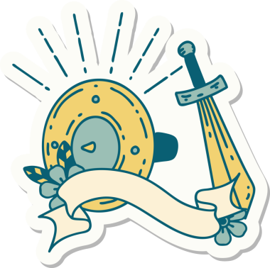 Dövme stili bir kalkanın çıkartması ve bir insan tarafından çizilmiş kılıç.