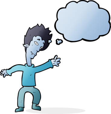 Bir insan tarafından çizilmiş düşünce balonlu cadılar bayramı vampiri çizgi filmi.