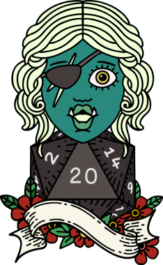 Retro Dövme Biçimli Ork karakteri bir insan tarafından çizilmiş 20 zar ile