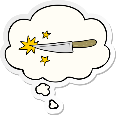 İnsan tarafından çizilmiş bir çıkartma olarak düşünce baloncuğu olan keskin çizgi film bıçağı.