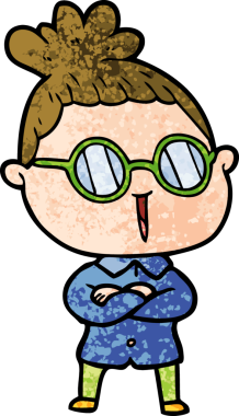 Bir insan tarafından çizilmiş gözlüklü bir karikatür kadın.