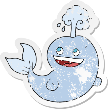 Bir insan tarafından çizilmiş suyu püskürten karikatür balinasının geriletilmiş yapıştırması.
