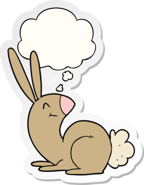 Bir insan tarafından çizilmiş bir çıkartma gibi düşünce balonlu şirin çizgi film tavşanı.