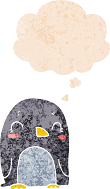 Düşünce baloncuğu olan karikatür pengueni bir insan tarafından çizilmiş dertli retro desenli.