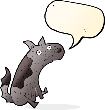 Bir insan tarafından çizilmiş konuşma balonlu bir çizgi film köpeği.