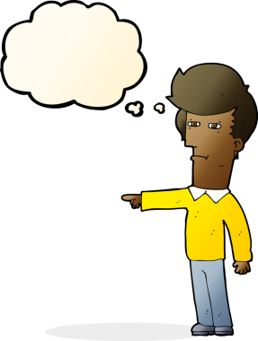 Bir insan tarafından çizilen düşünce baloncuğuyla suçlanan çizgi film adamı.