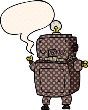 Bir insan tarafından çizilmiş çizgi roman tarzında konuşma balonu olan çizgi film robotu.