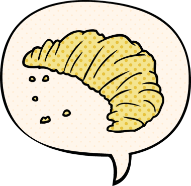 Bir insan tarafından çizilmiş çizgi roman tarzında konuşma baloncuklu kruvasan.