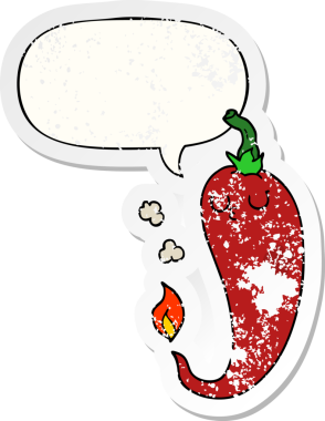 karikatür sıcak biber konuşma baloncuğu ile sıkıntılı eski bir çıkartma bir insan tarafından çizilmiş