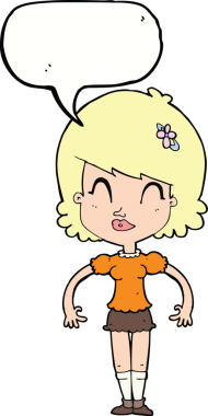 Bir insan tarafından çizilmiş konuşma balonu olan mutlu, güzel bir kadın.