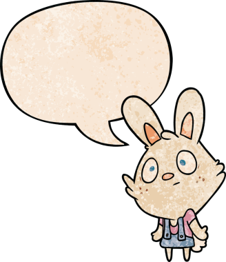 Sevimli çizgi film tavşanı omuzlarını silkiyor. Konuşma baloncuğu eski moda bir insan tarafından çizilmiş.