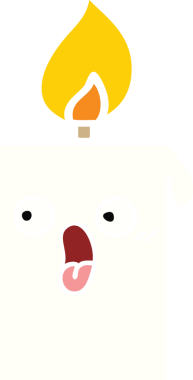 Bir insan tarafından çizilmiş yanan bir mumun düz renkli retro karikatürü