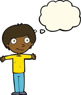 Bir insan tarafından çizilmiş düşünce baloncuğuyla kolları açık mutlu çocuk çizgi filmi.