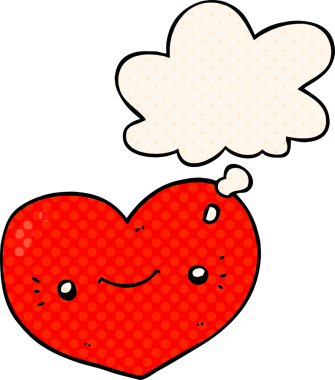 Çizgi roman tarzında düşünce balonu olan kalp çizgi film karakteri bir insan tarafından çizilmiş.