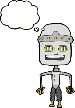 Bir insan tarafından çizilmiş düşünce baloncuklu komik robot.