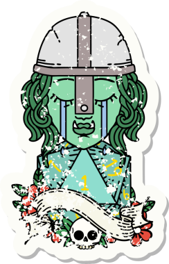 Ağlayan bir Ork savaşçısı karakterinin grunge çıkartması. Doğal bir insan tarafından çizilmiş D20 ruloyla.