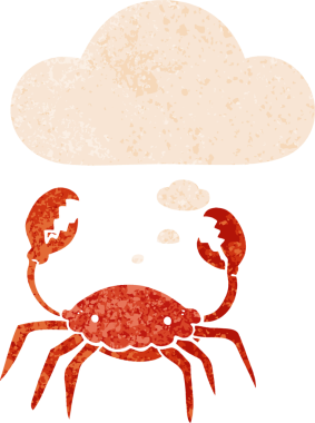 Düşünce baloncuklu çizgi film yengeci grunge dertli retro desenli bir insan tarafından çizilmiş