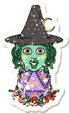 Bir insan tarafından çizilmiş 20 zarlı yarım ork cadısının grunge çıkartması.