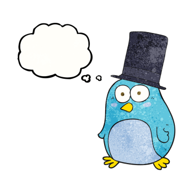 El yazısıyla çizilmiş düşünce balonu desenli çizgi film kuşu insan tarafından çizilmiş silindir şapka giyiyor.