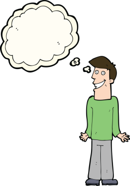 Bir insan tarafından çizilmiş düşünce baloncuğuyla omuzlarını silkeleyen çizgi film adamı.