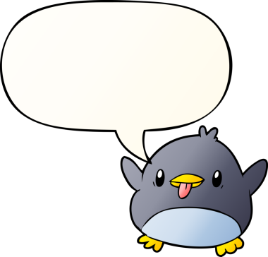 Bir insan tarafından çizilmiş düzgün eğimli konuşma baloncuğu olan sevimli penguen çizgi filmi