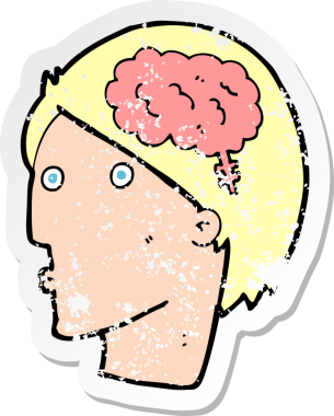 Bir insan tarafından çizilmiş beyin sembolü olan bir çizgi film karakterinin gerilimli yapıştırması.