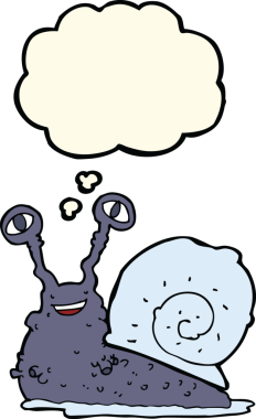 Bir insan tarafından çizilmiş düşünce balonlu çizgi film salyangozu.