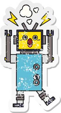 Bir insan tarafından çizilmiş arızalı bir robot çizgi film çıkartması.