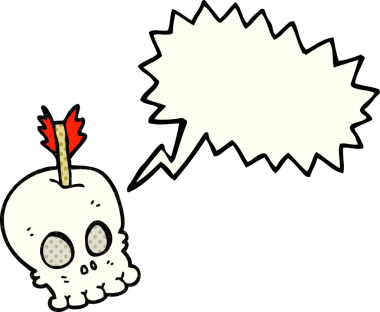 Bir insan tarafından çizilmiş ok ile serbest çizilmiş çizgi roman konuşma balonu karikatür kafatası