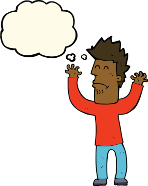 Bir insan tarafından çizilmiş düşünce baloncuğu olan stresli bir adam.