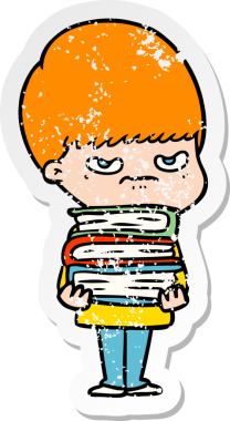 Bir insan tarafından çizilmiş kitapları olan kızgın bir çizgi film çocuğunun sıkıntılı çıkartması.