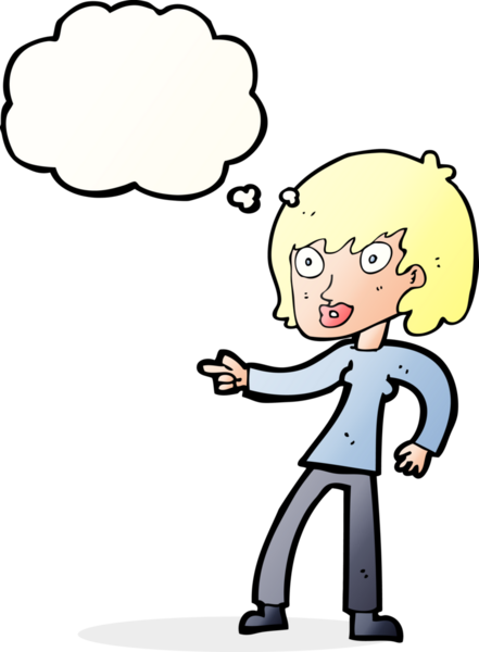 Bir insan tarafından çizilmiş düşünce balonuyla işaret eden çizgi film kadını.